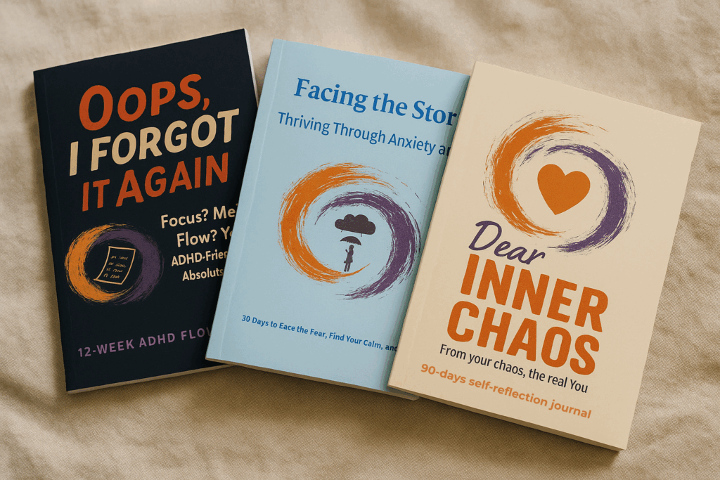 Three self-help journals from the Dear Inner Chaos collection arranged on a soft, cozy background — featuring covers for self-reflection, ADHD support, and anxiety relief