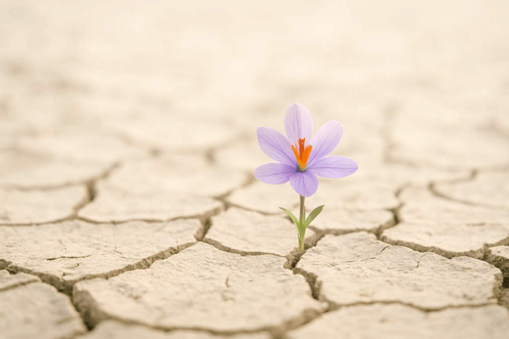 A single purple crocus flower blooming from dry, cracked soil, symbolizing resilience and growth in harsh conditions