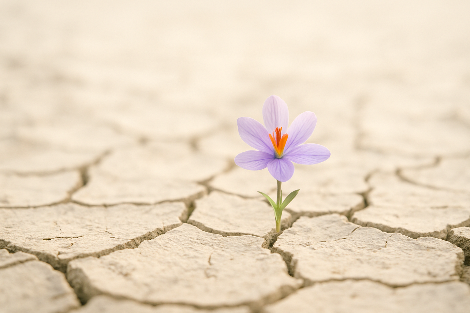 A single purple crocus flower blooming from dry, cracked soil, symbolizing resilience and growth in harsh conditions